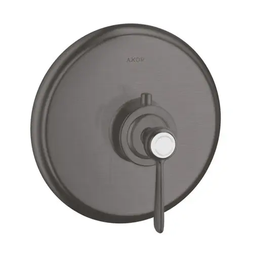 Thermostat mit Hebelgriff in gebürstetem Schwarzchrom, montiert auf einer runden Platte. Markenlogo AXOR oben sichtbar.